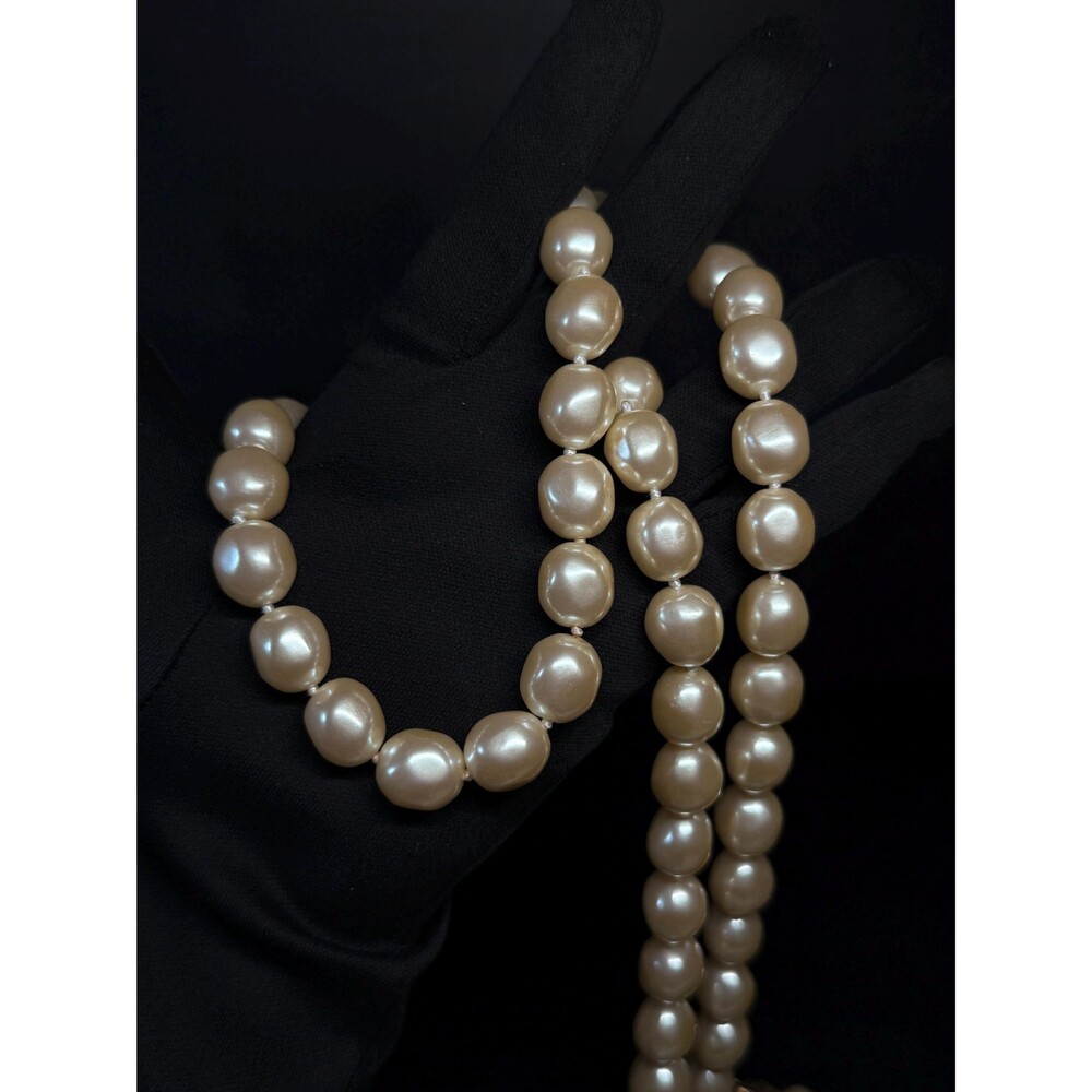 Faux Pearl Necklace Cream Baroque Beads Knotted Strand Gold Tone Clasp 36.5"